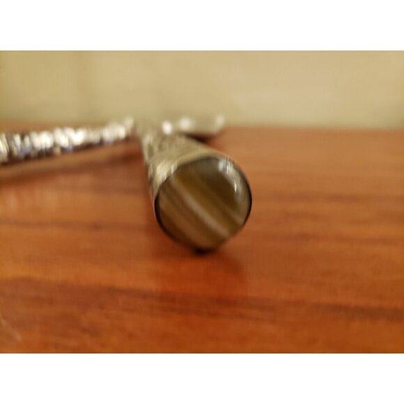 Salad Spoon and Fork Set Silver Tone Ornate Vintage with Marble Stone Ends - Picture 4 of 6